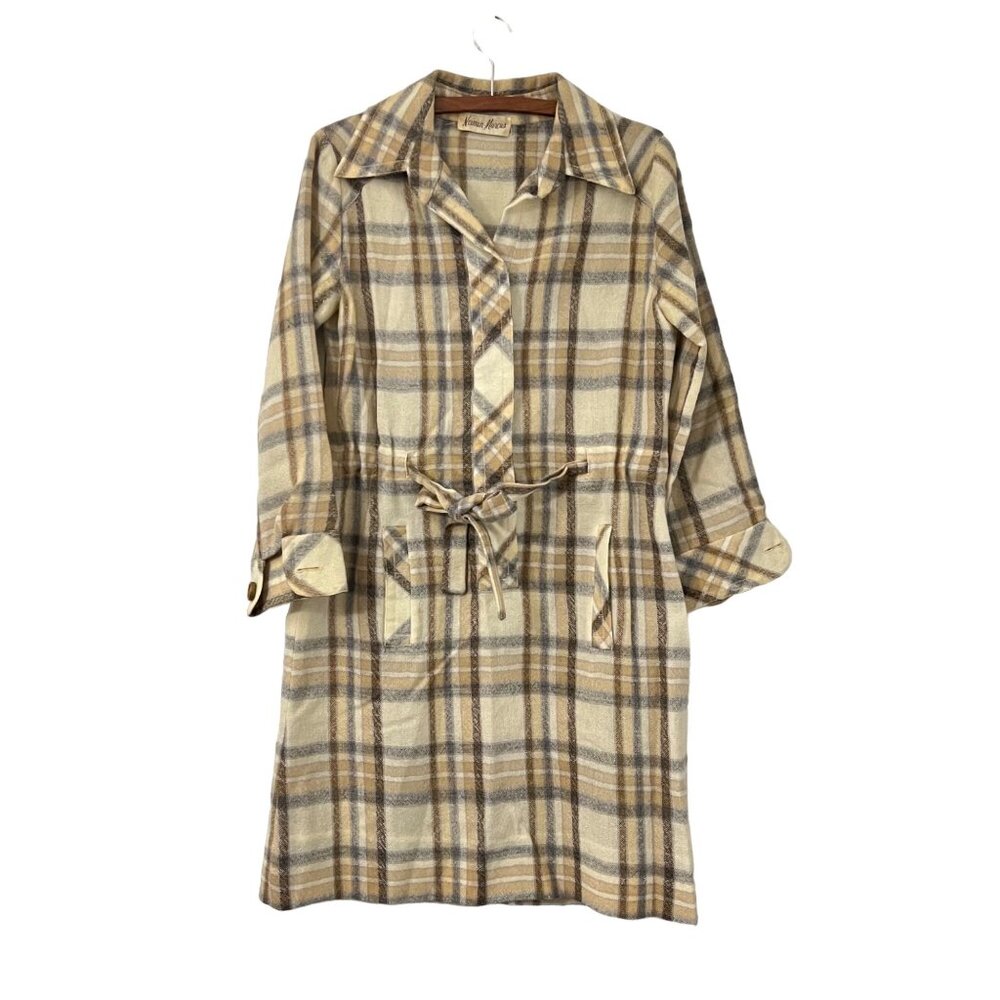 Vintage Neiman Marcus Womens Brown Gray Plaid Wool Belted Shirt Dress Size M